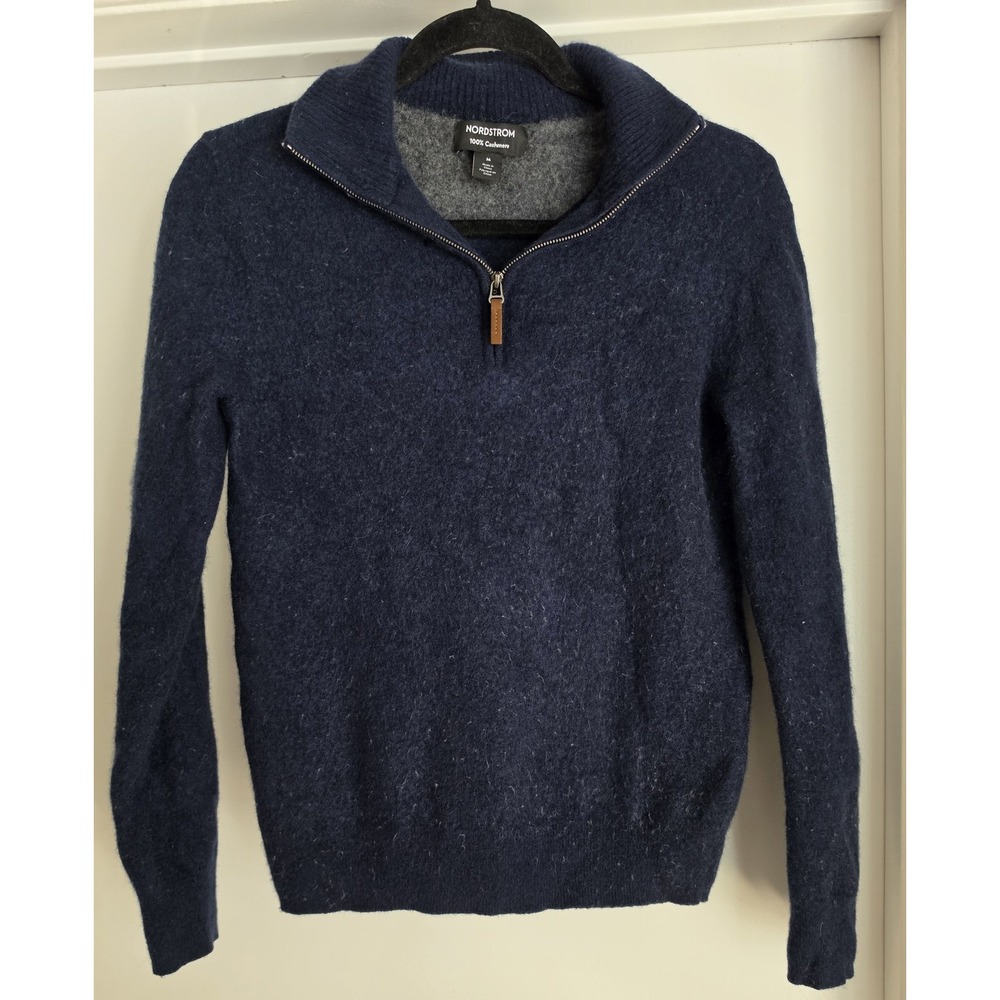 Nordstrom Cashmere Sweater M Navy Solid Collared Long Sleeve Pullover Cardigan